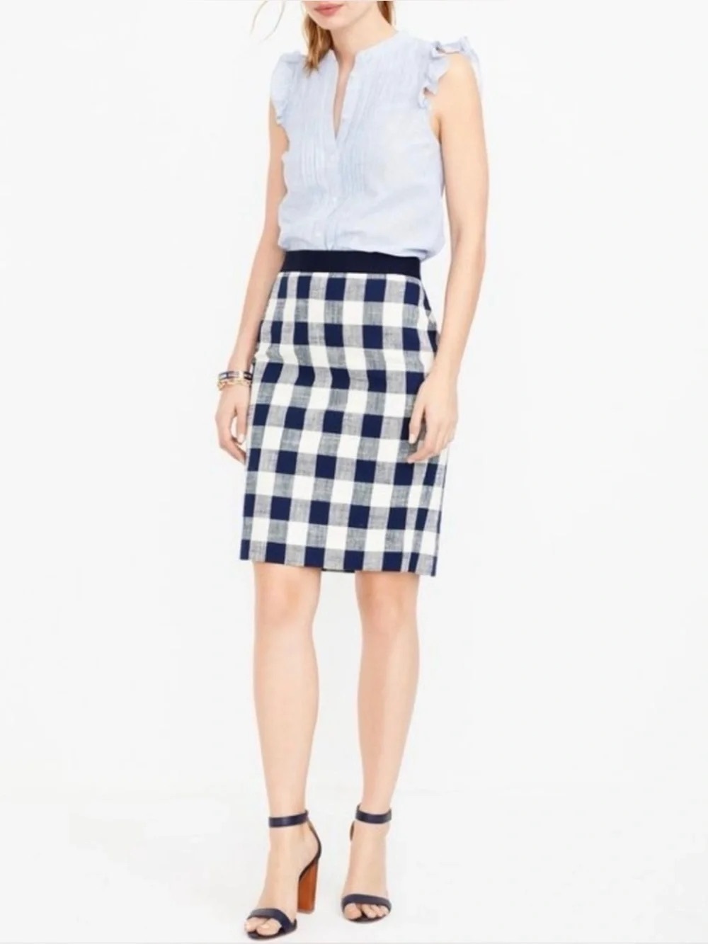 J.Crew The Pencil Skirt Navy Ivory Gingham Plaid Cotton Size 0